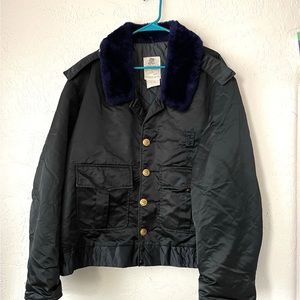 Vintage 70s Police Bomber Black Jacket Fur Collar